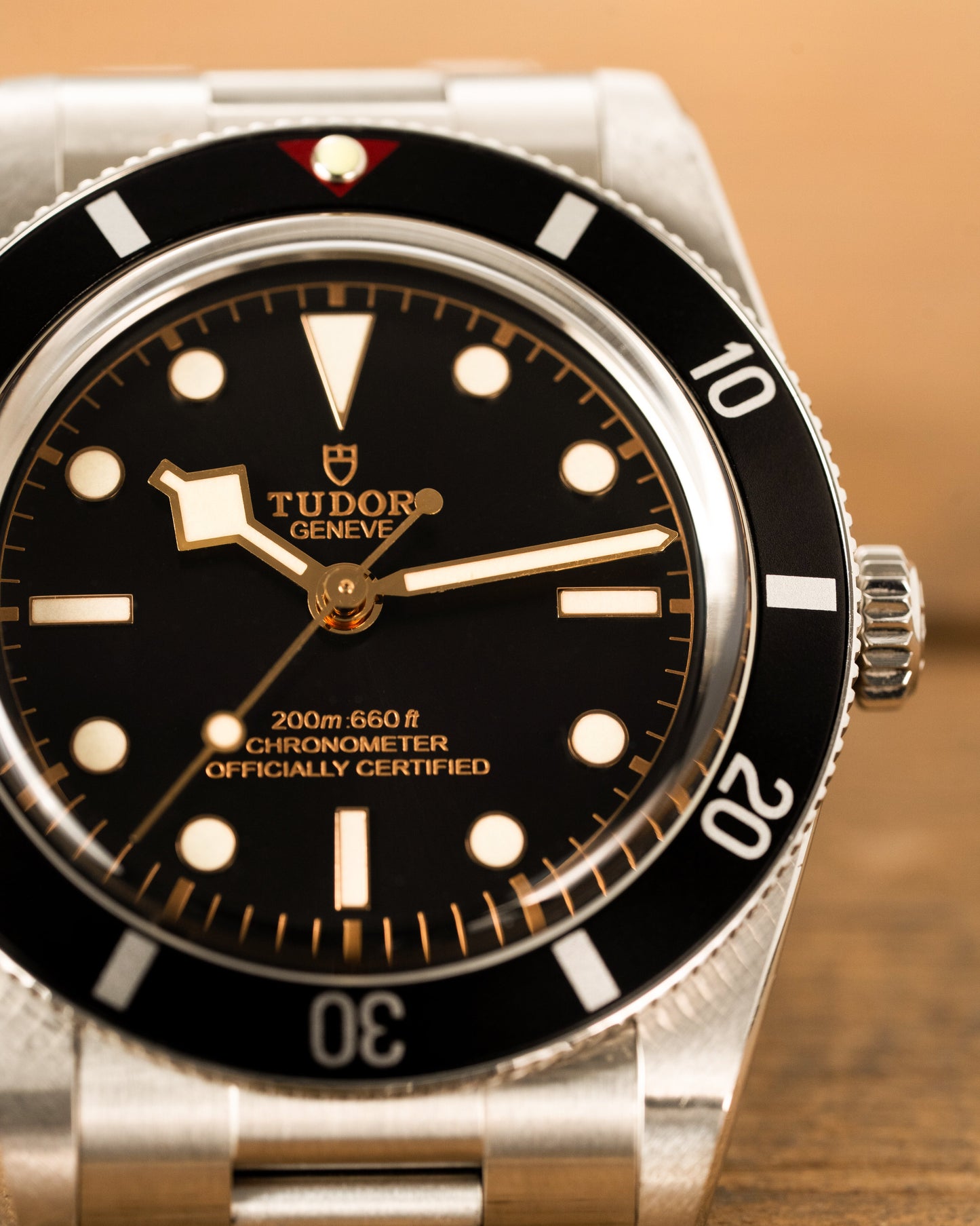 Tudor watch with black dial and silver case on a wooden surface