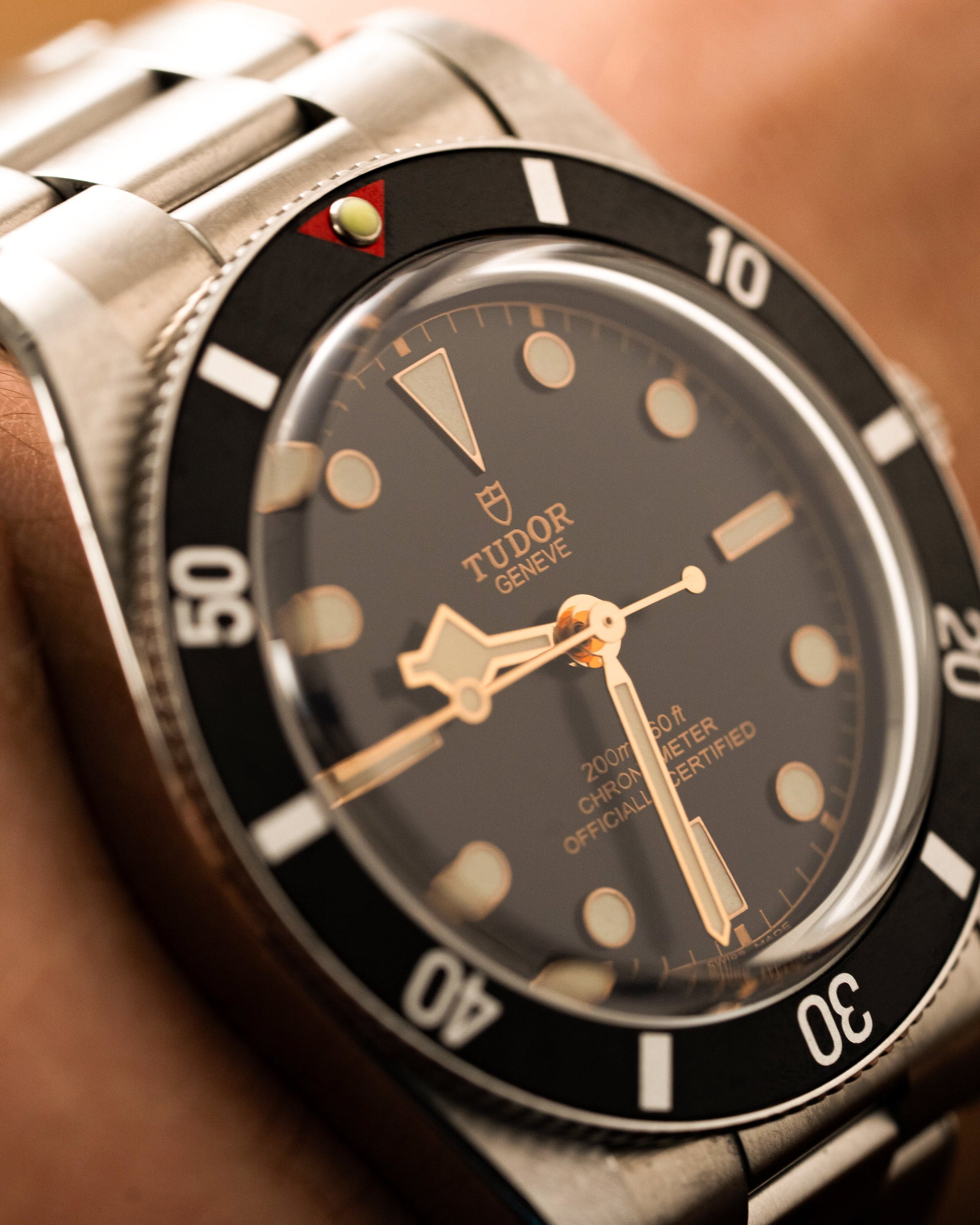 Tudor watch on a wrist with a blurred background
